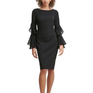 CALVIN KLEIN RUFFLE CHIFFON LONG SLEEVES SHEATH DRESS, BLACK, SIZE 4 NWT